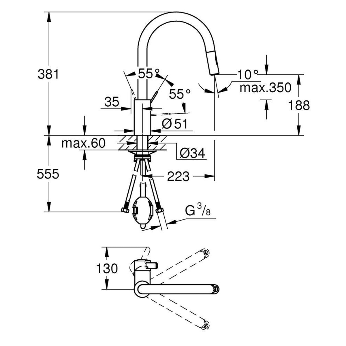 Grohe Eurocosmo Spiralli Eviye Bataryası, 2 Fonksiyonlu - Teknik Çizim