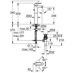 Grohe BauEdge Tezgah Üstü Lavabo Bataryası, Sifon Kumandalı - Teknik Çizim