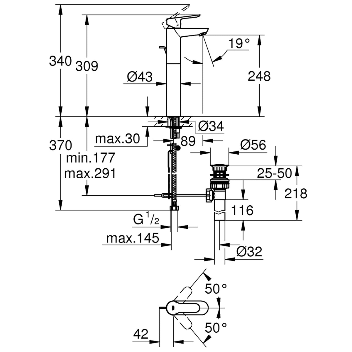 Grohe BauEdge Tezgah Üstü Lavabo Bataryası, Sifon Kumandalı - Teknik Çizim