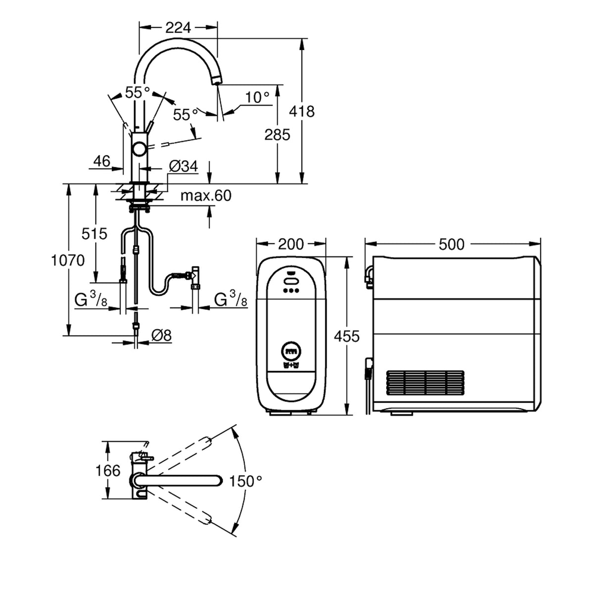 Grohe Blue Home Arıtmalı İçme Suyu ve Soda Yapan Eviye Bataryası, Fırçalı Bakır - Teknik Çizim