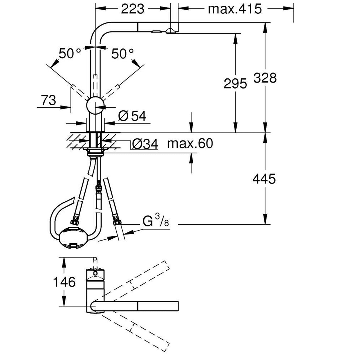 Grohe Minta Spiralli Eviye Bataryası, L Başlıklı, Paslanmaz Çelik - Teknik Çizim