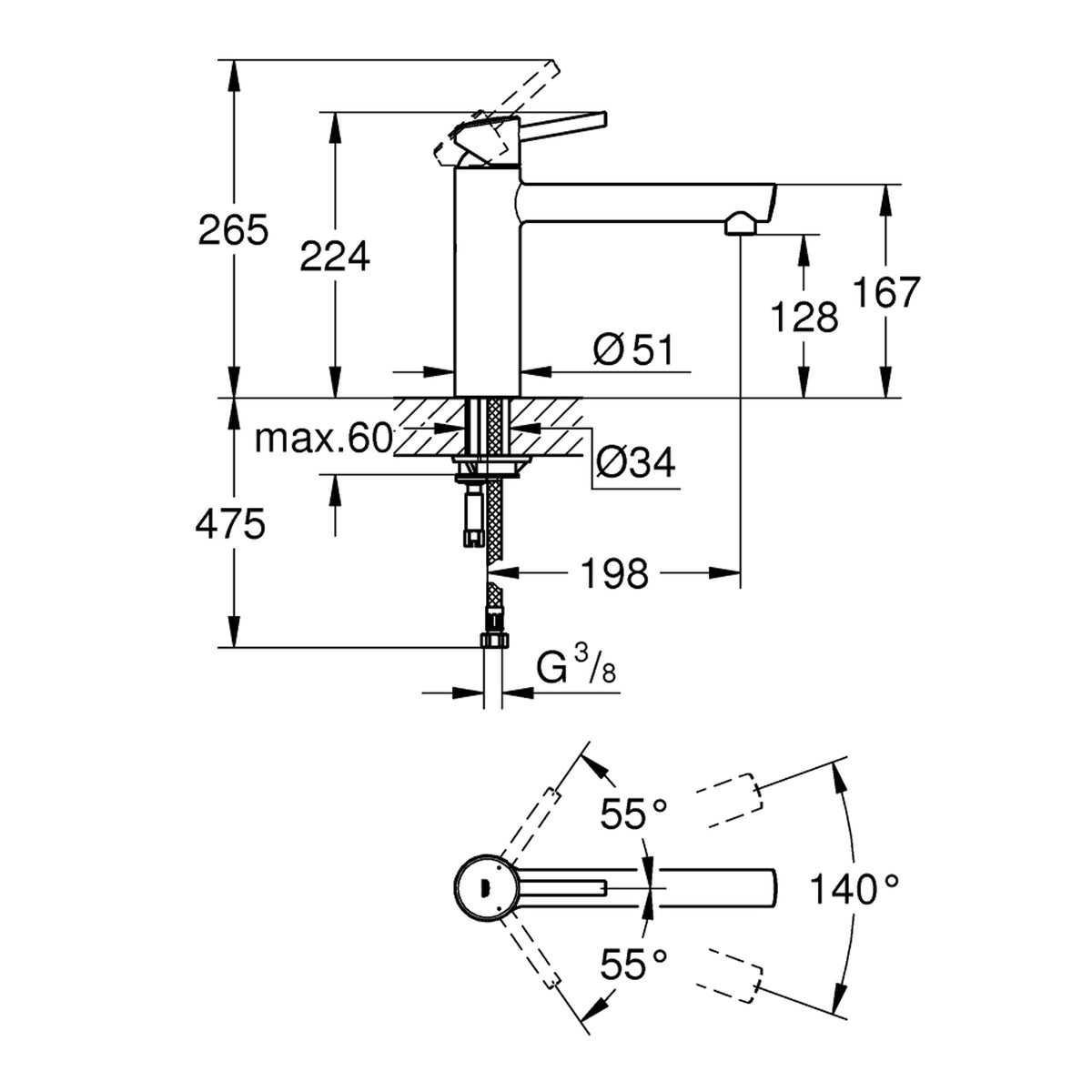 Grohe Concetto Eviye Bataryası - Teknik Çizim