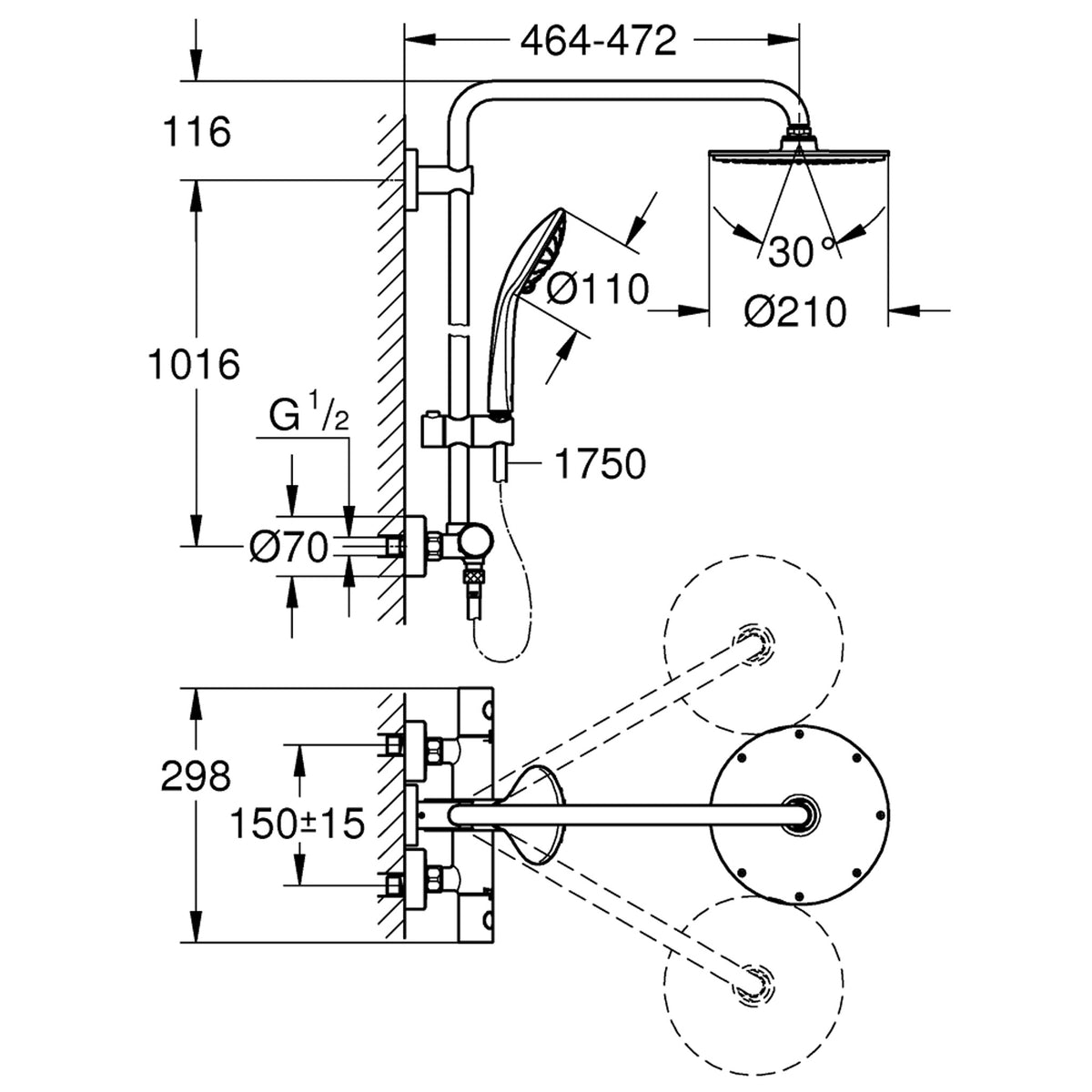 Grohe Euphoria System 210 Duvara Monte Termostatik Duş Bataryalı Duş Sistemi - Teknik Çizim