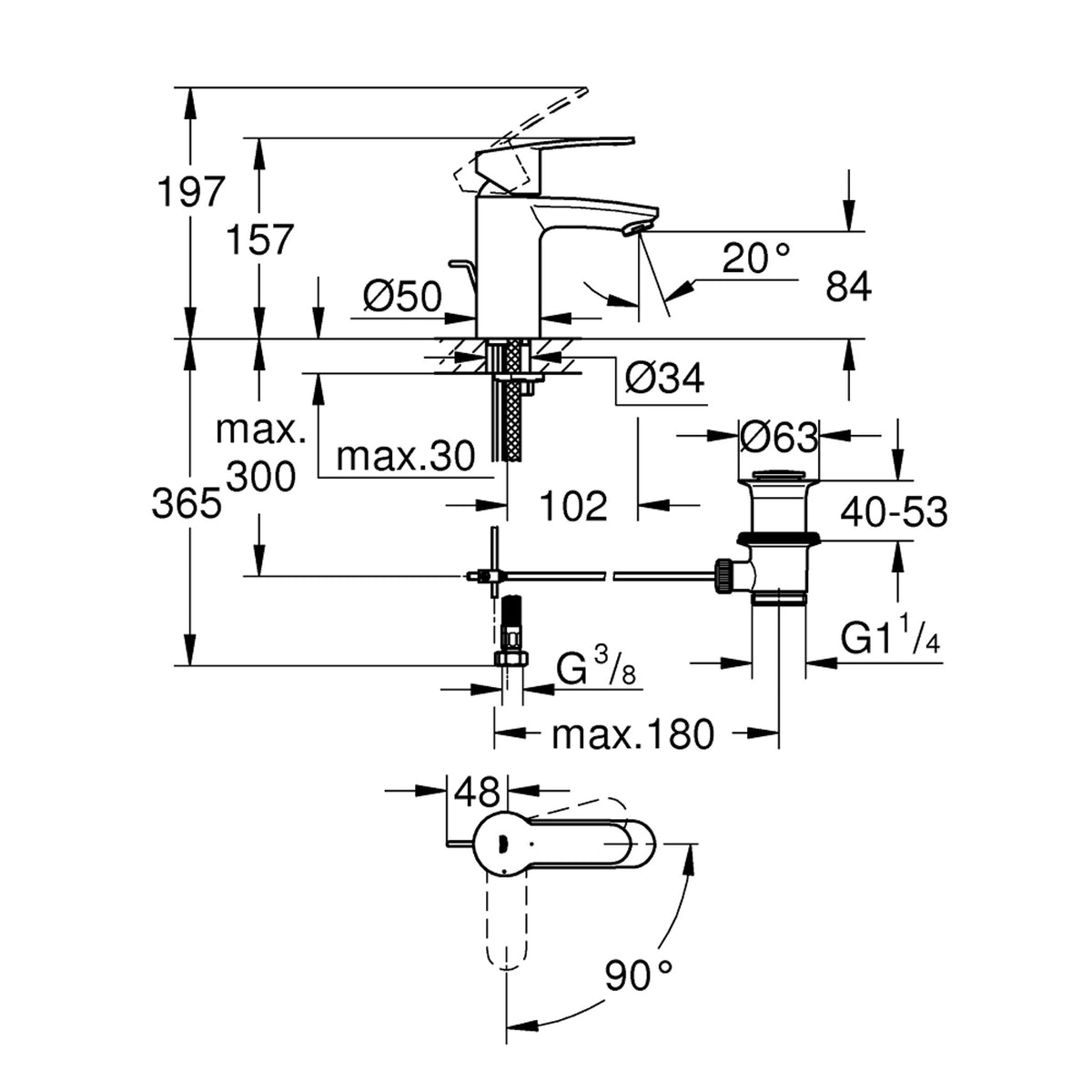 Grohe Eurostyle Lavabo Bataryası (Sifon Kumandalı) - Teknik Çizim