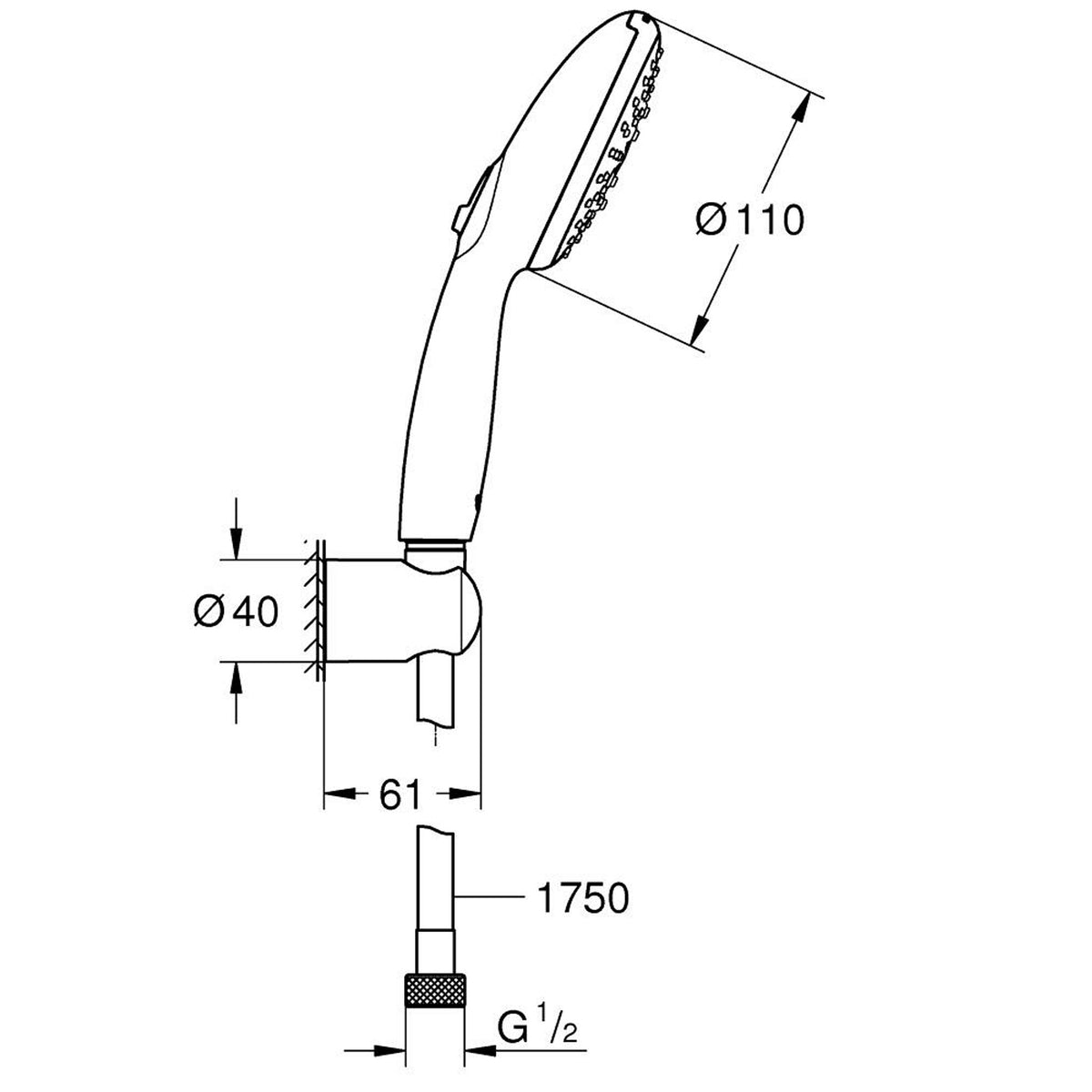 Grohe Tempesta 110 El Duş Takımı, 3 Akışlı - Teknik Çizim