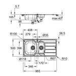 Grohe K200 Damlalıklı 1,5 Gözlü Eviye, Paslanmaz Çelik (96,5x50 cm) - Teknik Çizim