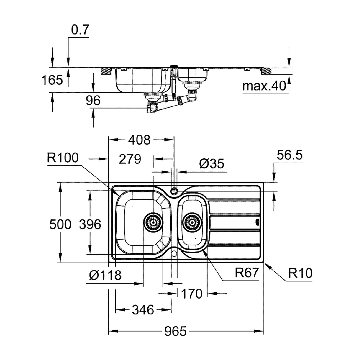 Grohe K200 Damlalıklı 1,5 Gözlü Eviye, Paslanmaz Çelik (96,5x50 cm) - Teknik Çizim