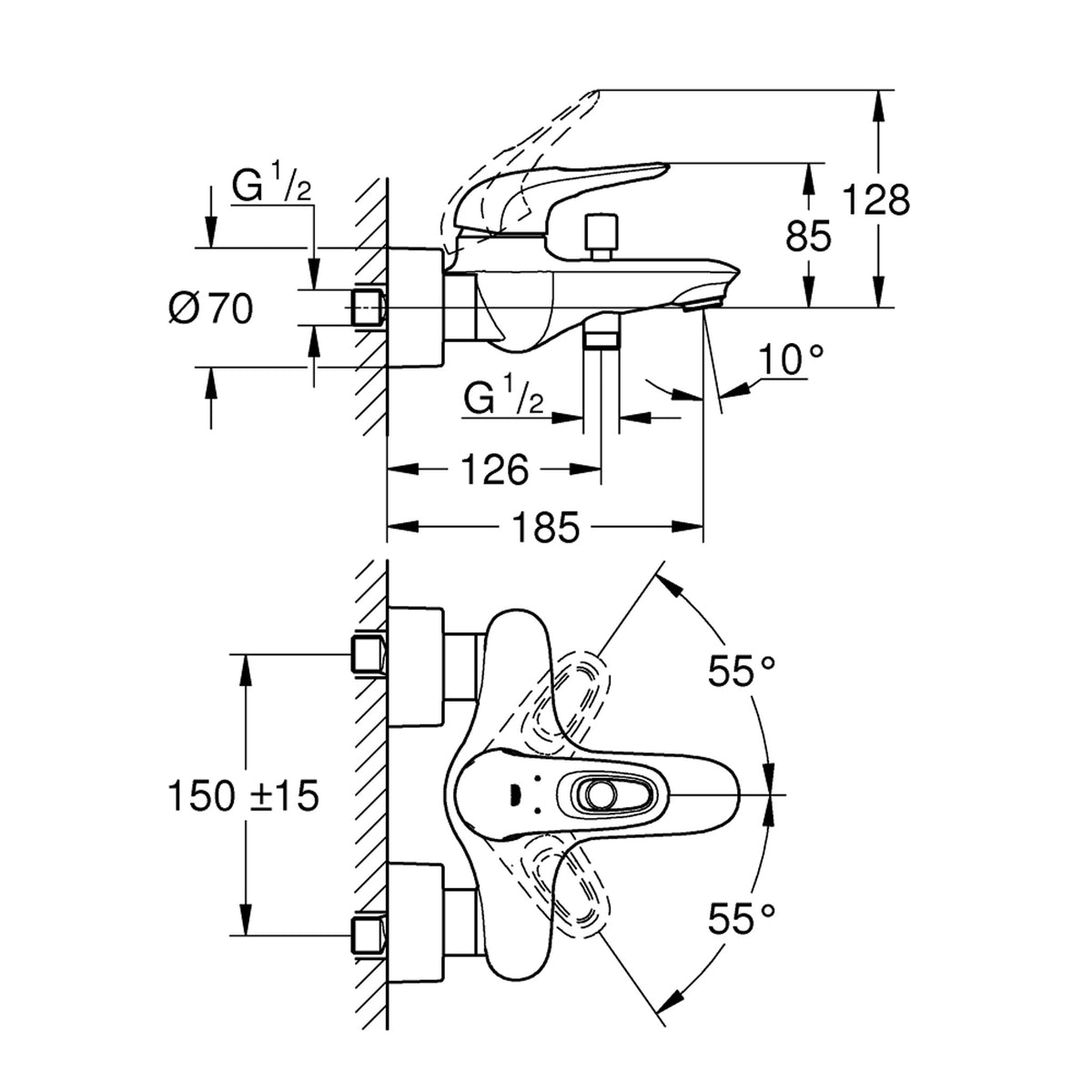 Grohe Eurostyle Banyo Bataryası - Teknik Çizim
