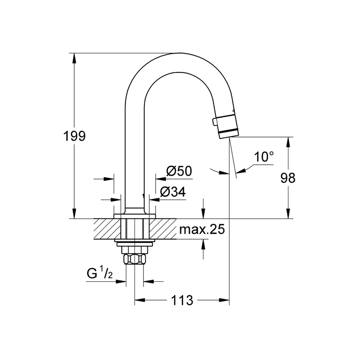 Grohe Lavabodan Musluk, Tek Su Girişli, Paslanmaz Çelik - Teknik Çizim