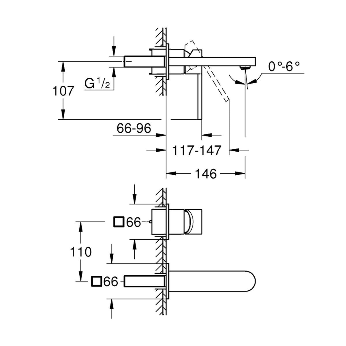 Grohe Plus Ankastre Lavabo Bataryası, (Sıva Üstü Grubu) M-Boy - Teknik Çizim