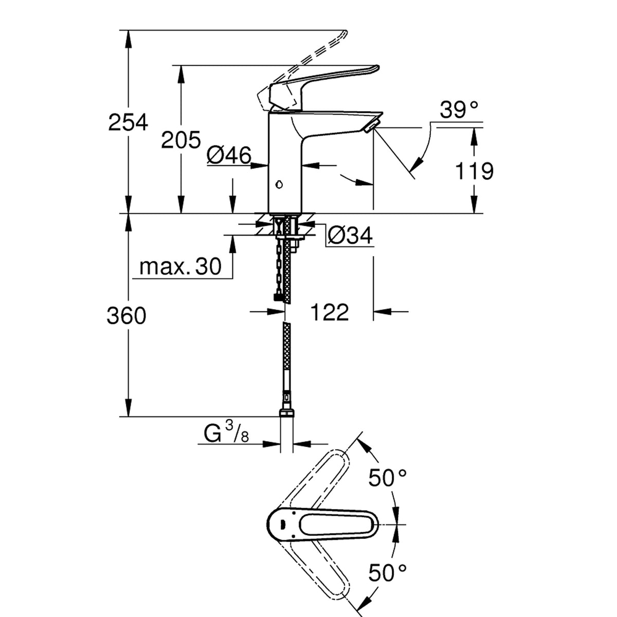 Grohe Eurosmart Termostatik Özellikli Lavabo Bataryası (M-Boy) - Teknik Çizim