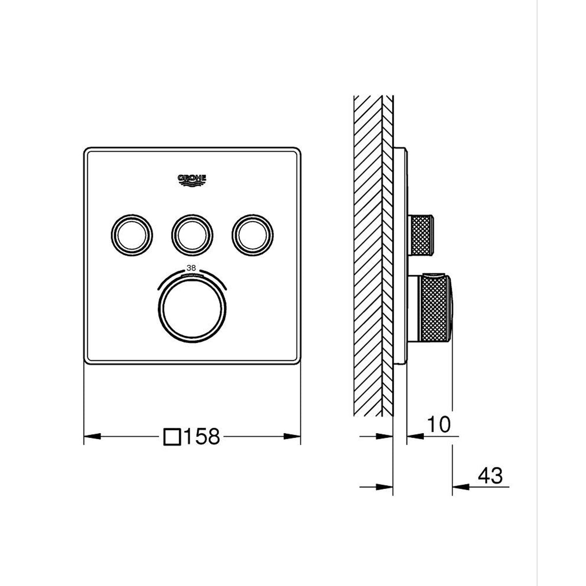 Grohe Grohtherm SmartControl Akış Kontrollü Ankastre Termostatik Banyo Bataryası (3 Yollu, Sıva Üstü Grubu), Fırçalı Altın - Teknik Çizim