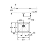 Grohe K700U Tek Gözlü Eviye, Fırçalı Altın (55x45 cm) - Teknik Çizim