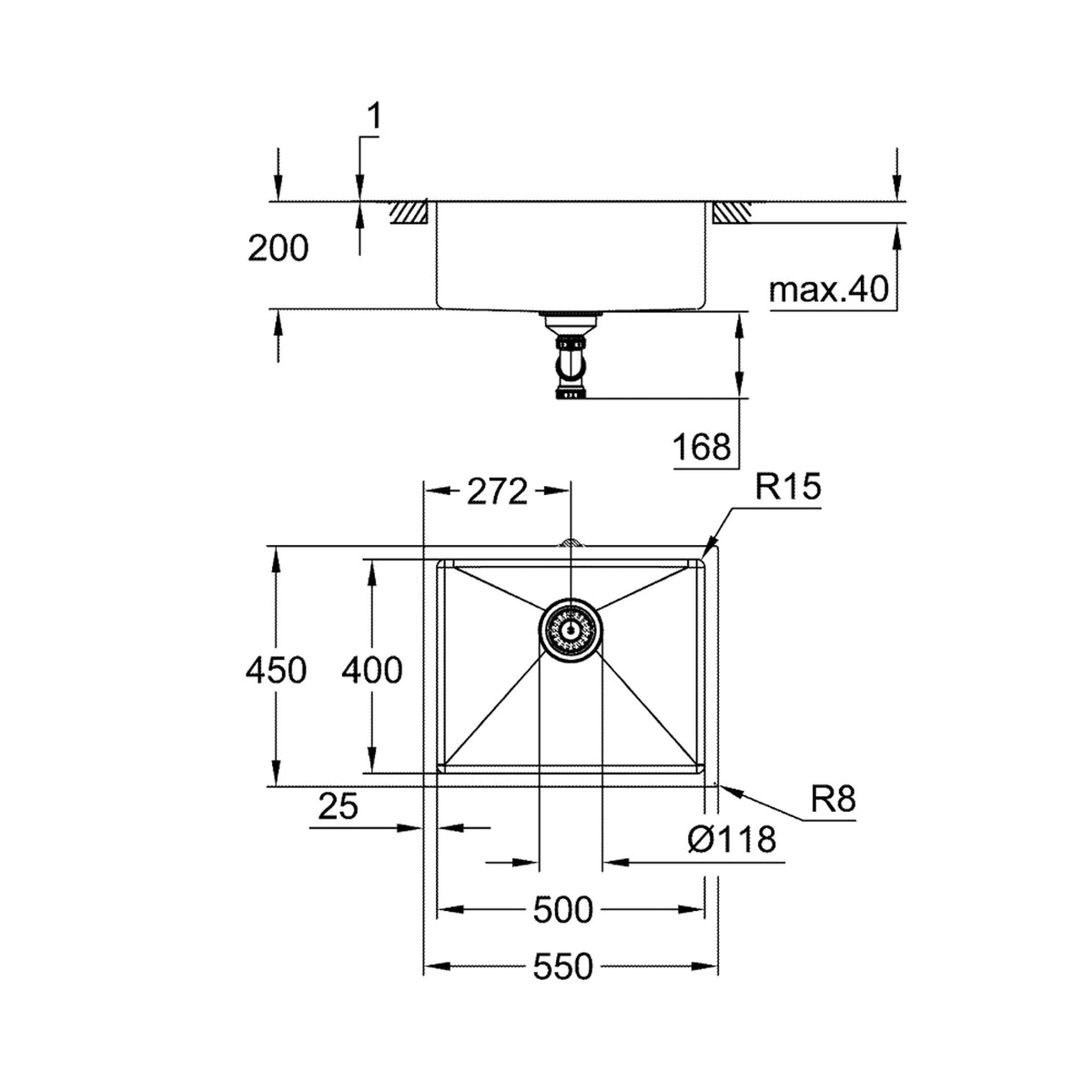 Grohe K700U Tek Gözlü Eviye, Fırçalı Altın (55x45 cm) - Teknik Çizim
