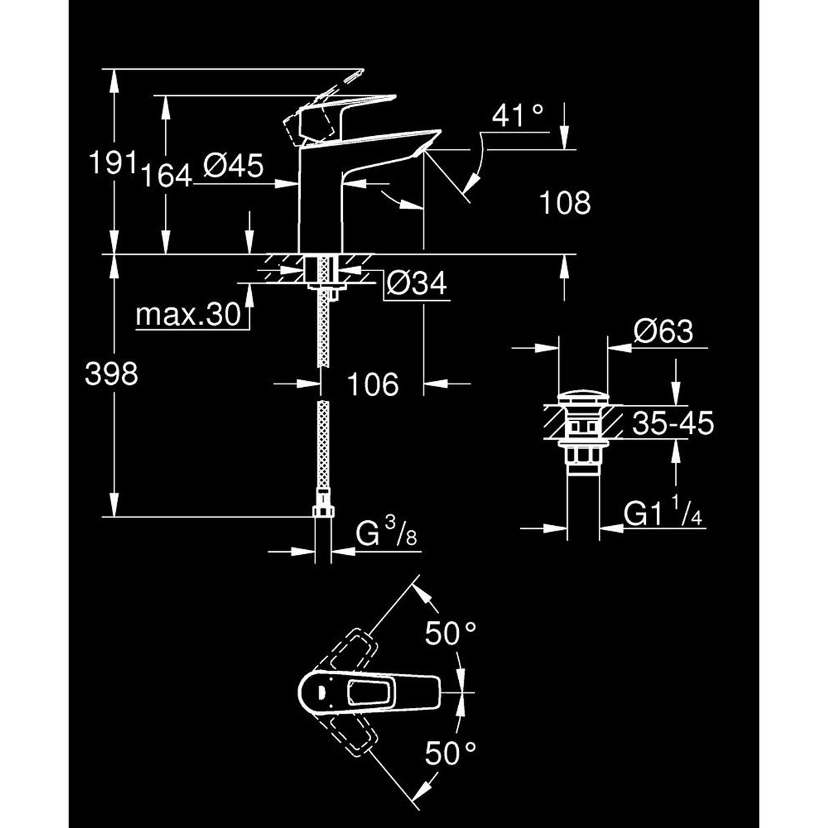 Grohe BauLoop Lavabo Bataryası, M-Boy - Teknik Çizim