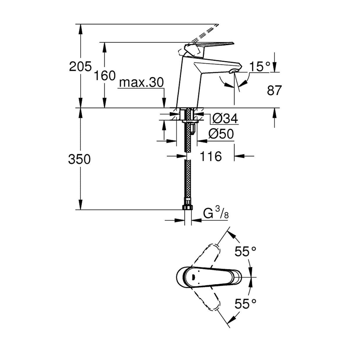Grohe Eurodisc Cosmopolitan Lavabo Bataryası - Teknik Çizim
