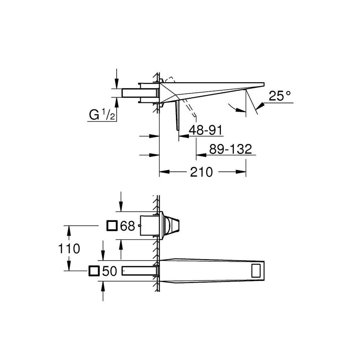 Grohe Allure Brilliant Private Collection 2 Delikli Duvardan Ankastre Lavabo Bataryası M-Boy (Sıva Üstü Grubu), Fırçalı Sert Grafit - Teknik Çizim