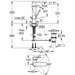 Grohe Plus Yüksek Lavabo Bataryası, Sifon Kumandalı, Paslanmaz Çelik - Teknik Çizim
