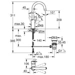 Grohe BauLoop Yüksek Lavabo Bataryası, Sifon Kumandalı - Teknik Çizim