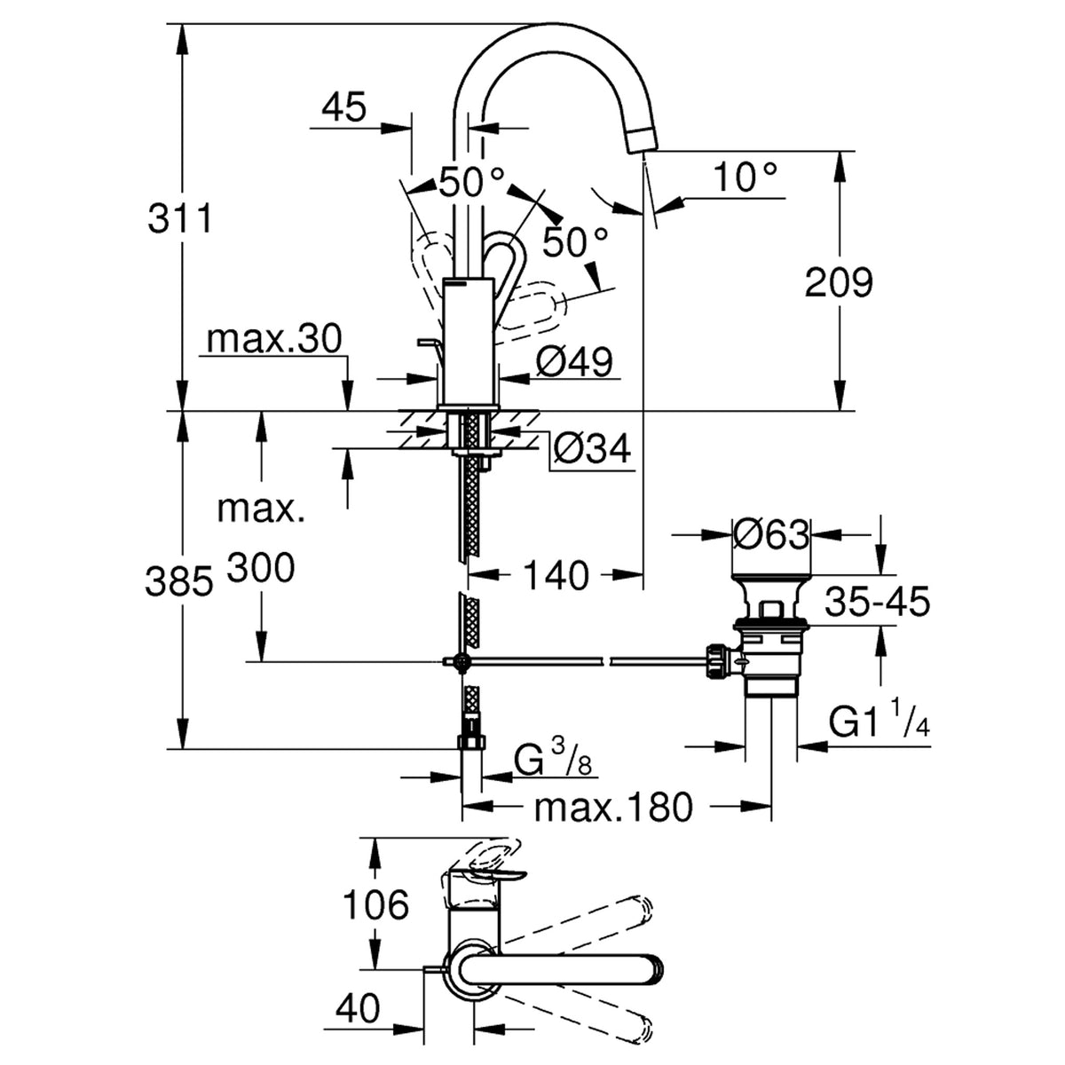 Grohe BauLoop Yüksek Lavabo Bataryası, Sifon Kumandalı - Teknik Çizim