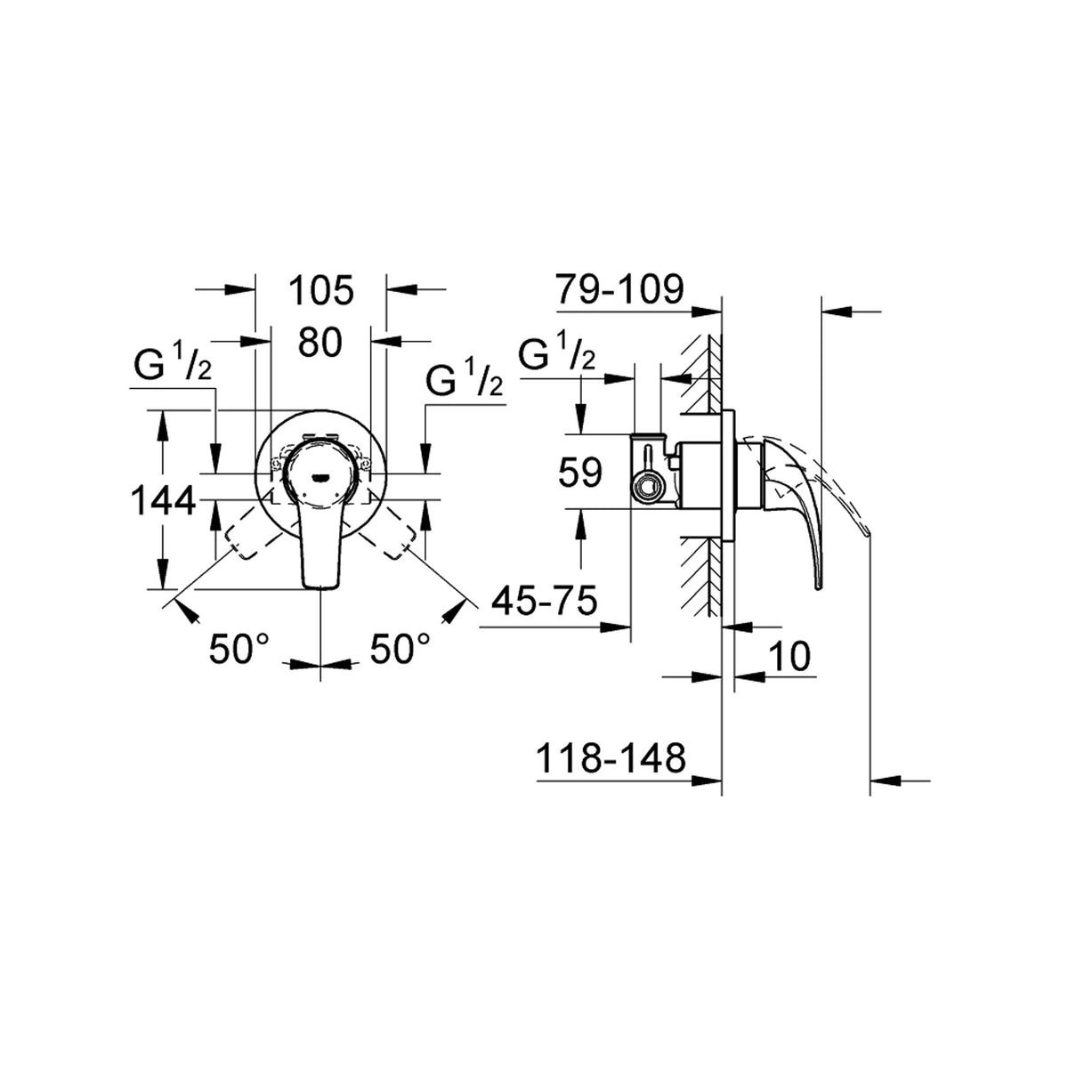Grohe BauCurve Ankastre Duş Bataryası - Teknik Çizim