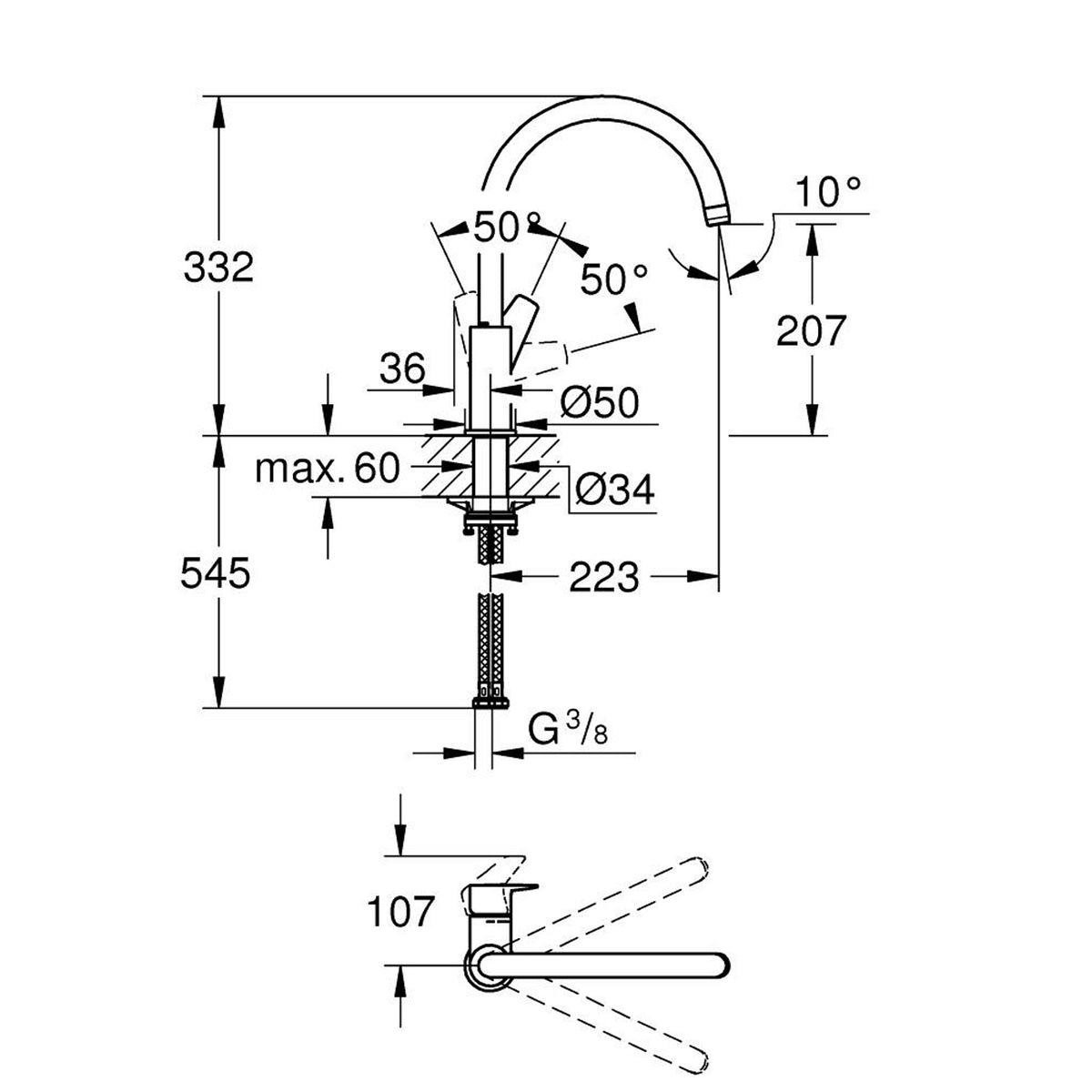 Grohe BauEdge Kuğu Borulu Eviye Bataryası - Teknik Çizim