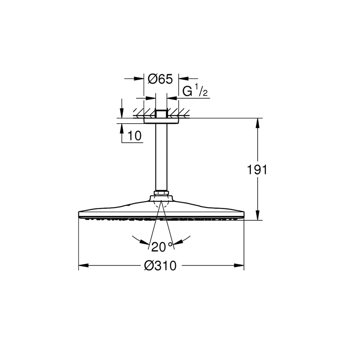 Grohe Rainshower Mono 310 Tepe Duşu Seti, 31 cm, Altın - Teknik Çizim