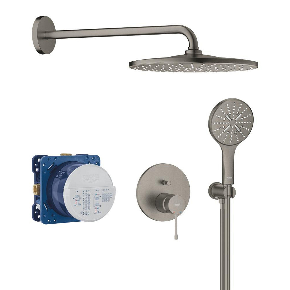 Grohe Essence Ankastre Banyo/Duş Bataryası, Tepe ve El Duşu Seti, Fırçalı Sert Grafit - Ürün Görseli
