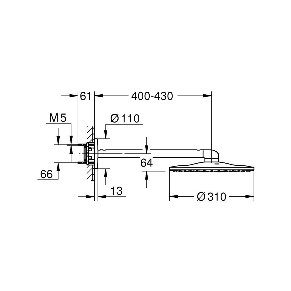 Grohe Rainshower SmartActive 310 Tepe Duşu Seti, 31 cm, 2 Akışlı - Teknik Çizim