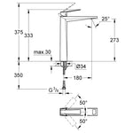 Grohe Allure Brilliant Tezgah Üstü Lavabo Bataryası, Fırçalı Sert Grafit - Teknik Çizim