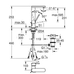 Grohe Plus Yüksek Lavabo Bataryası, Sifon Kumandalı, Fırçalı Sert Grafit - Teknik Çizim