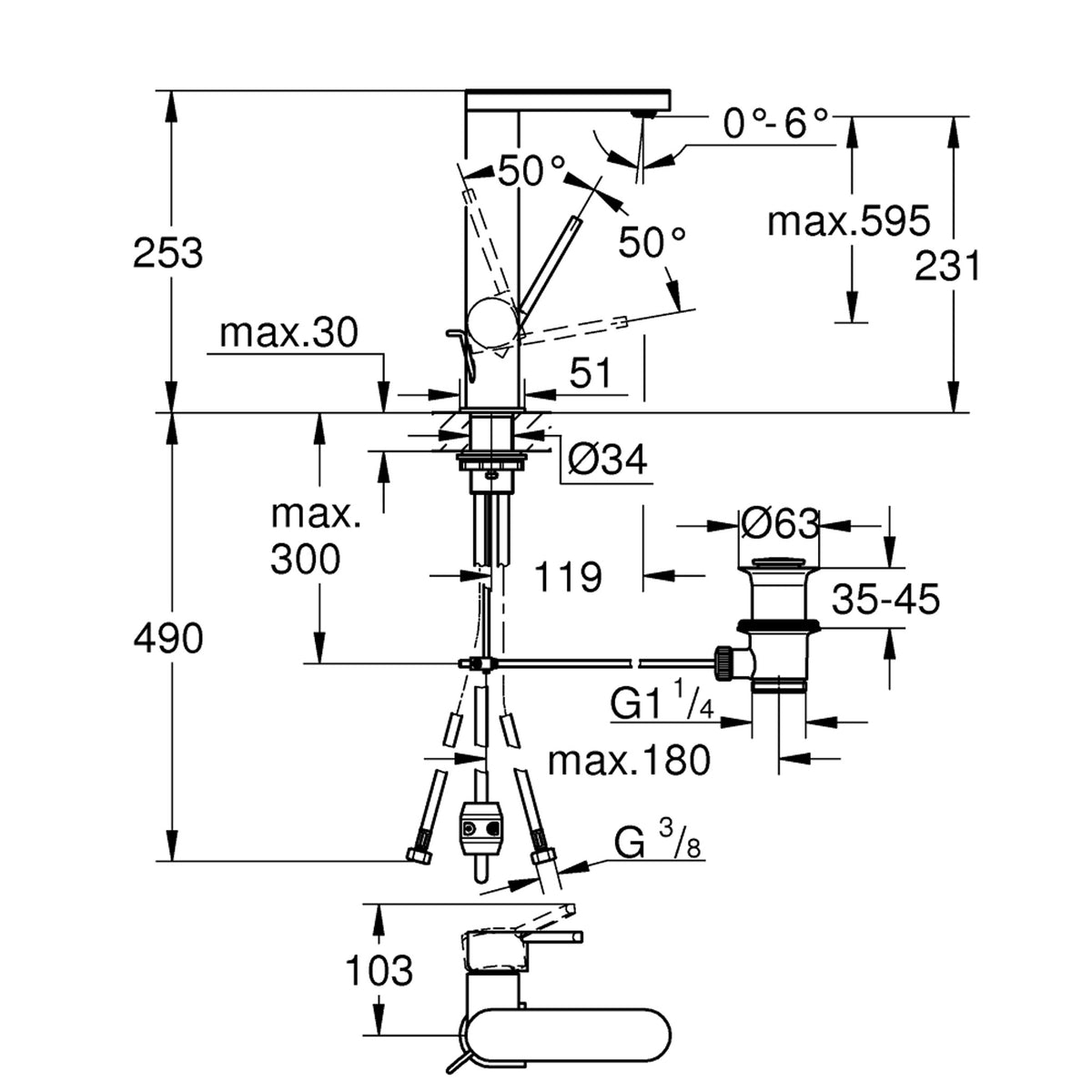 Grohe Plus Yüksek Lavabo Bataryası, Sifon Kumandalı, Fırçalı Sert Grafit - Teknik Çizim