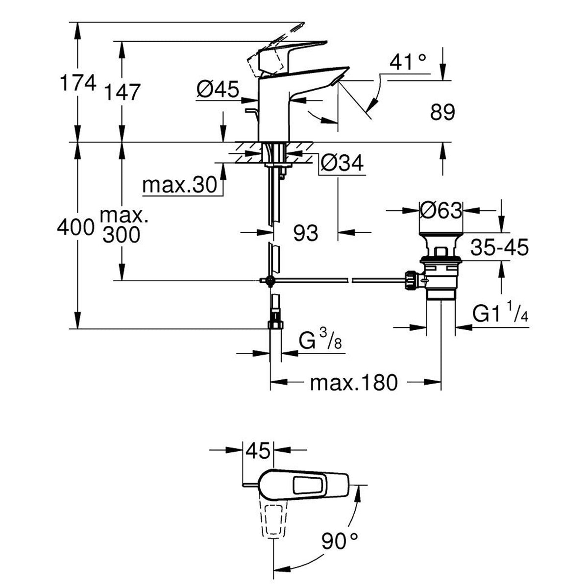 Grohe BauLoop Lavabo Bataryası, Sifon Kumandalı, S-Boy - Teknik Çizim