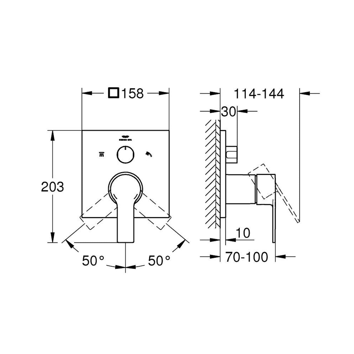 Grohe Allure Ankastre Banyo Bataryası (3 Yollu, Sıva Üstü Grubu), Saten Grafit - Teknik Çizim
