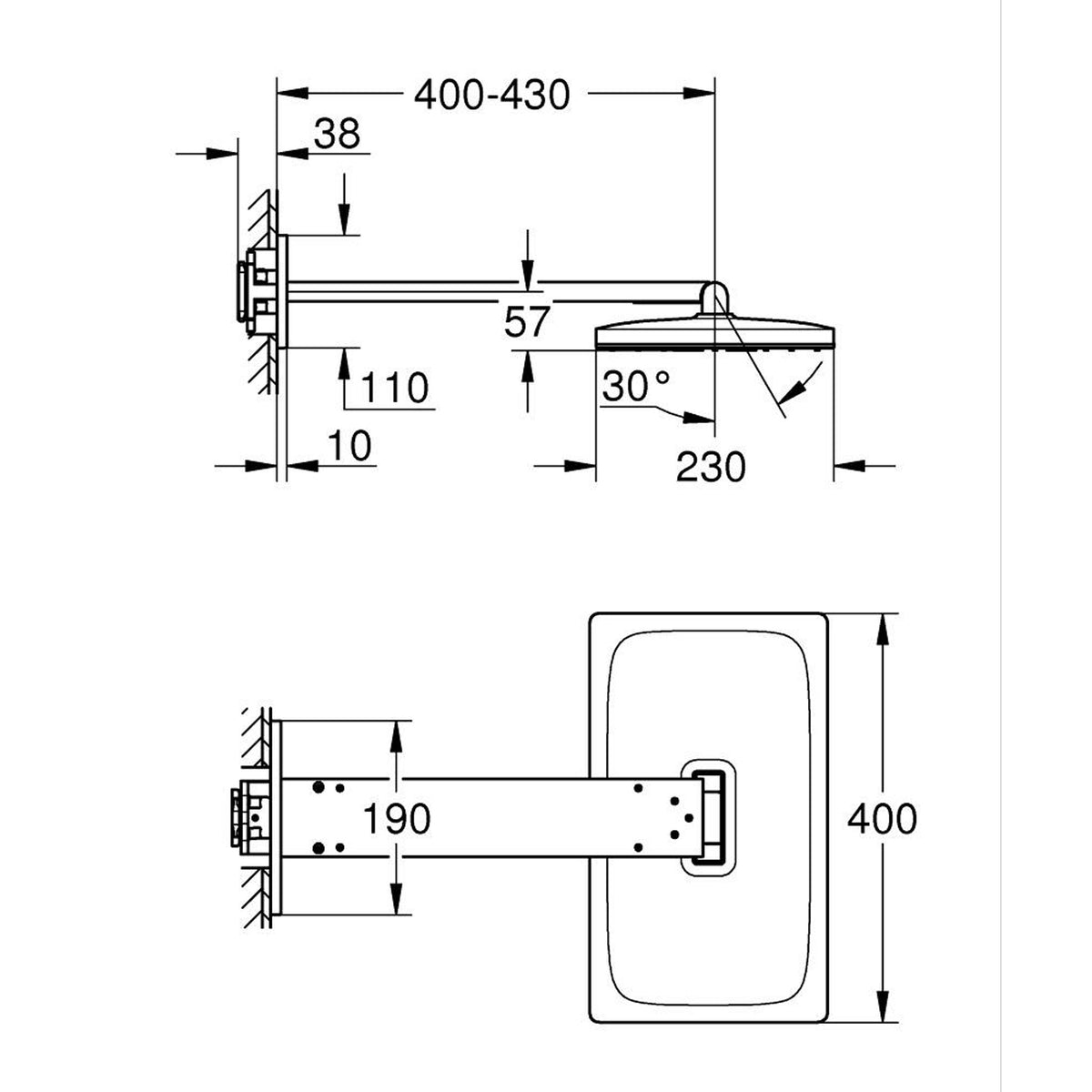 Grohe Rainshower Aqua Dikdörtgen Tepe Duşu Seti, 40x23 cm, 2 Akışlı, Paslanmaz Çelik - Teknik Çizim