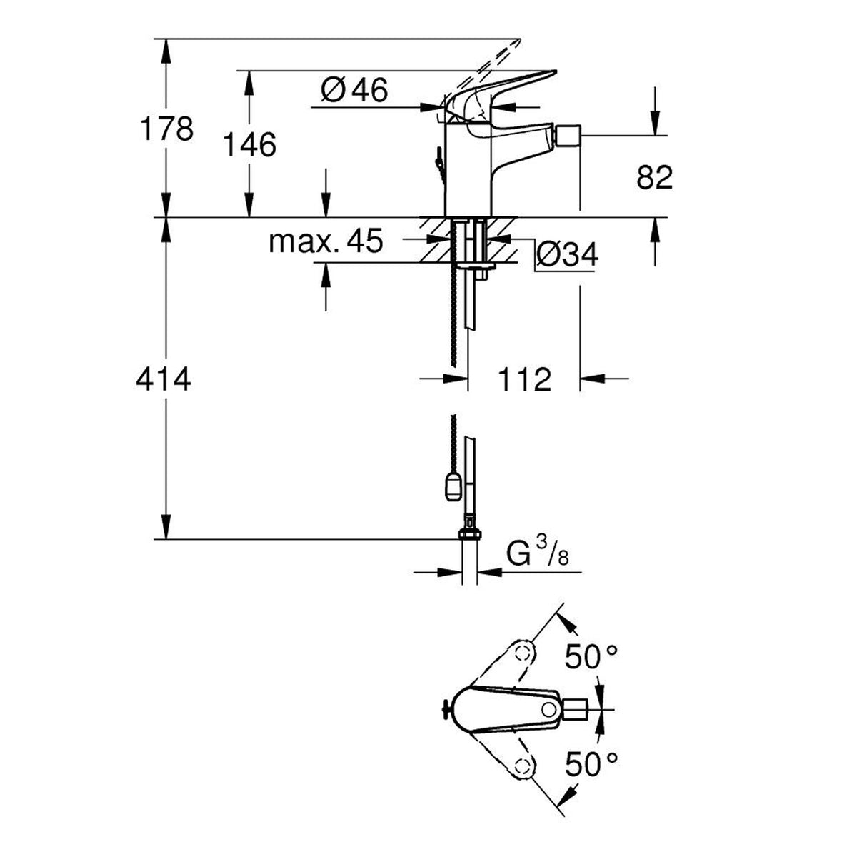 Grohe Euroeco Sifon Kumandalı Bide Bataryası, S-Boy - Teknik Çizim