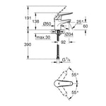 Grohe Euroeco Special Uzun Kumanda Kollu Lavabo Bataryası - Teknik Çizim