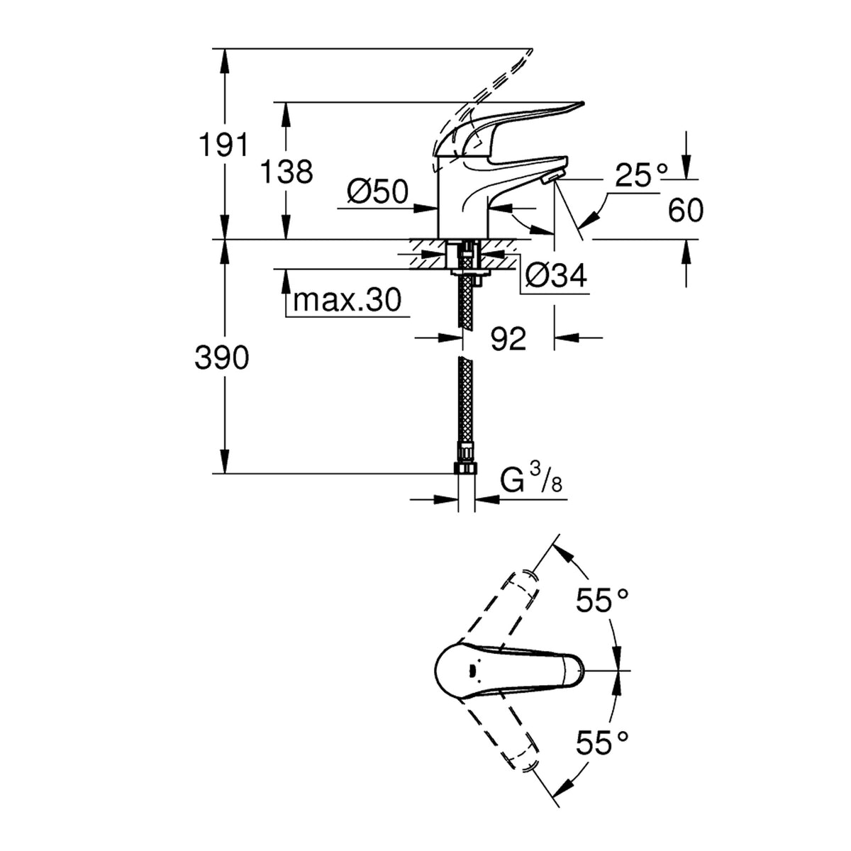 Grohe Euroeco Special Uzun Kumanda Kollu Lavabo Bataryası - Teknik Çizim
