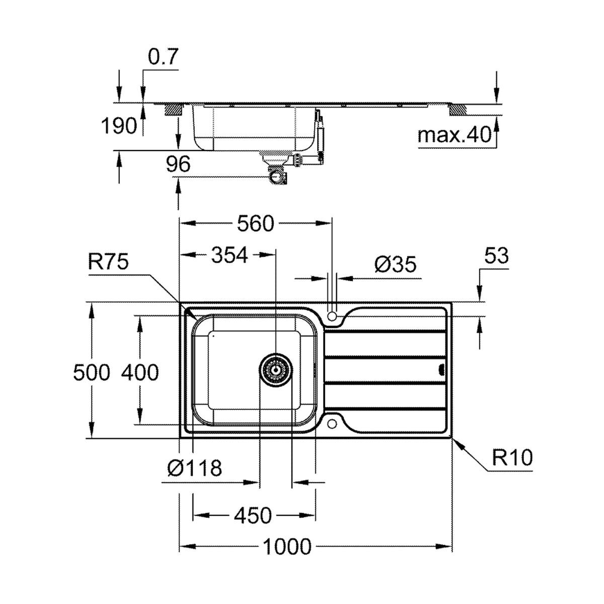 Grohe K500 Damlalıklı Tek Gözlü Eviye, Paslanmaz Çelik (Sağ-Sol Damlalıklı, 100x50 cm) - Teknik Çizim