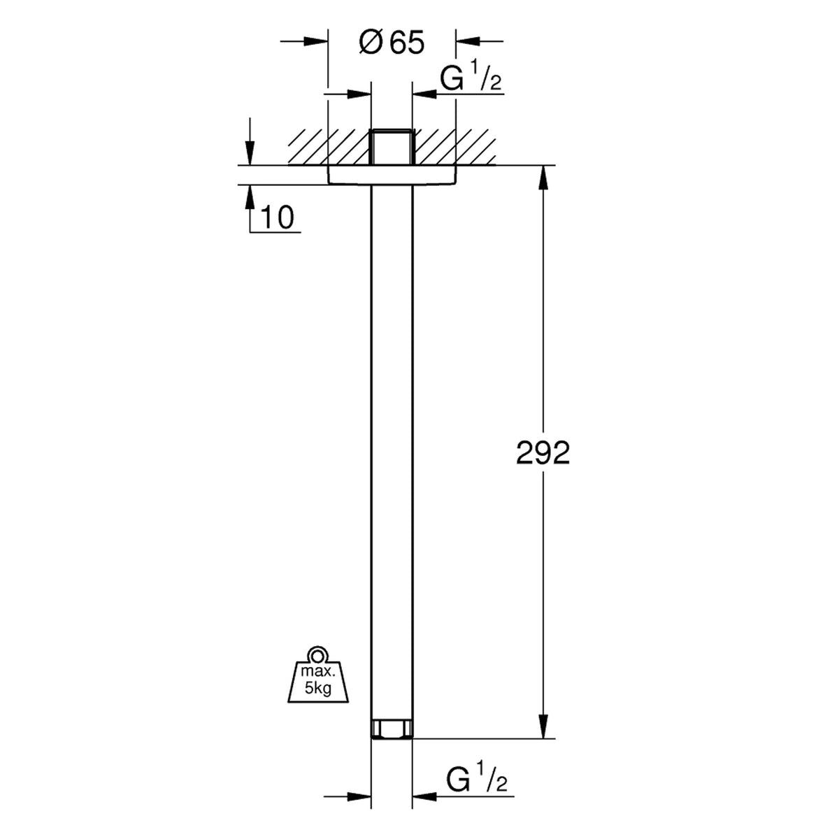 Grohe Rainshower Tepe Duşu İçin Tavan İniş Borusu 292 mm - Teknik Çizim