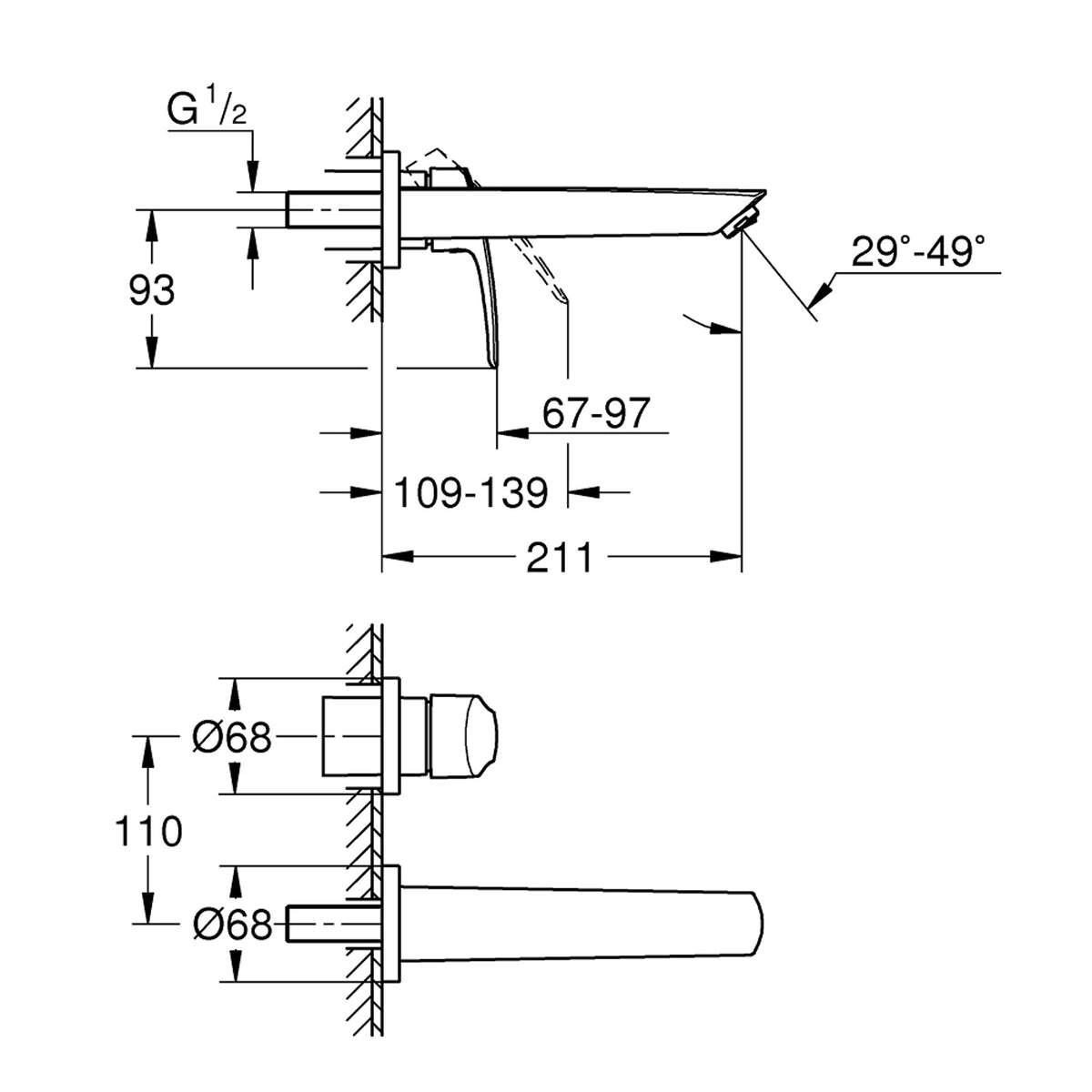 Grohe Eurosmart Duvardan Ankastre Lavabo Bataryası (Sıva Üstü Grubu) M-Boy, Mat Siyah - Teknik Çizim