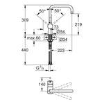 Grohe Minta Eviye Bataryası, Paslanmaz Çelik, L-Tip - Teknik Çizim