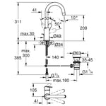 Grohe BauEdge Yüksek Lavabo Bataryası, Sifon Kumandalı - Teknik Çizim