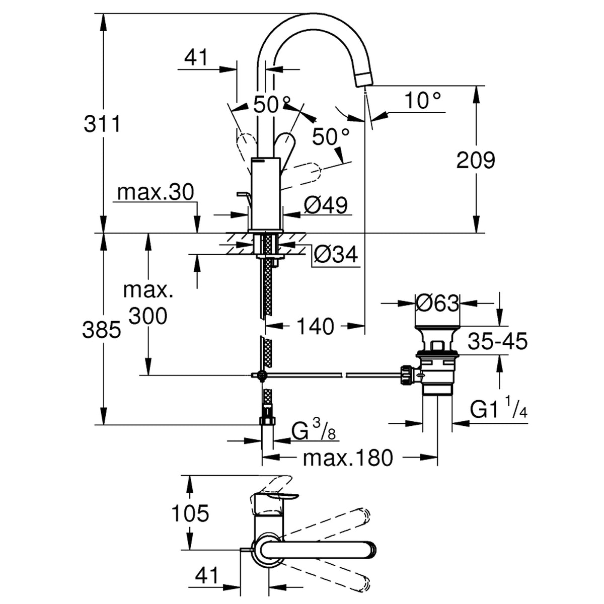 Grohe BauEdge Yüksek Lavabo Bataryası, Sifon Kumandalı - Teknik Çizim