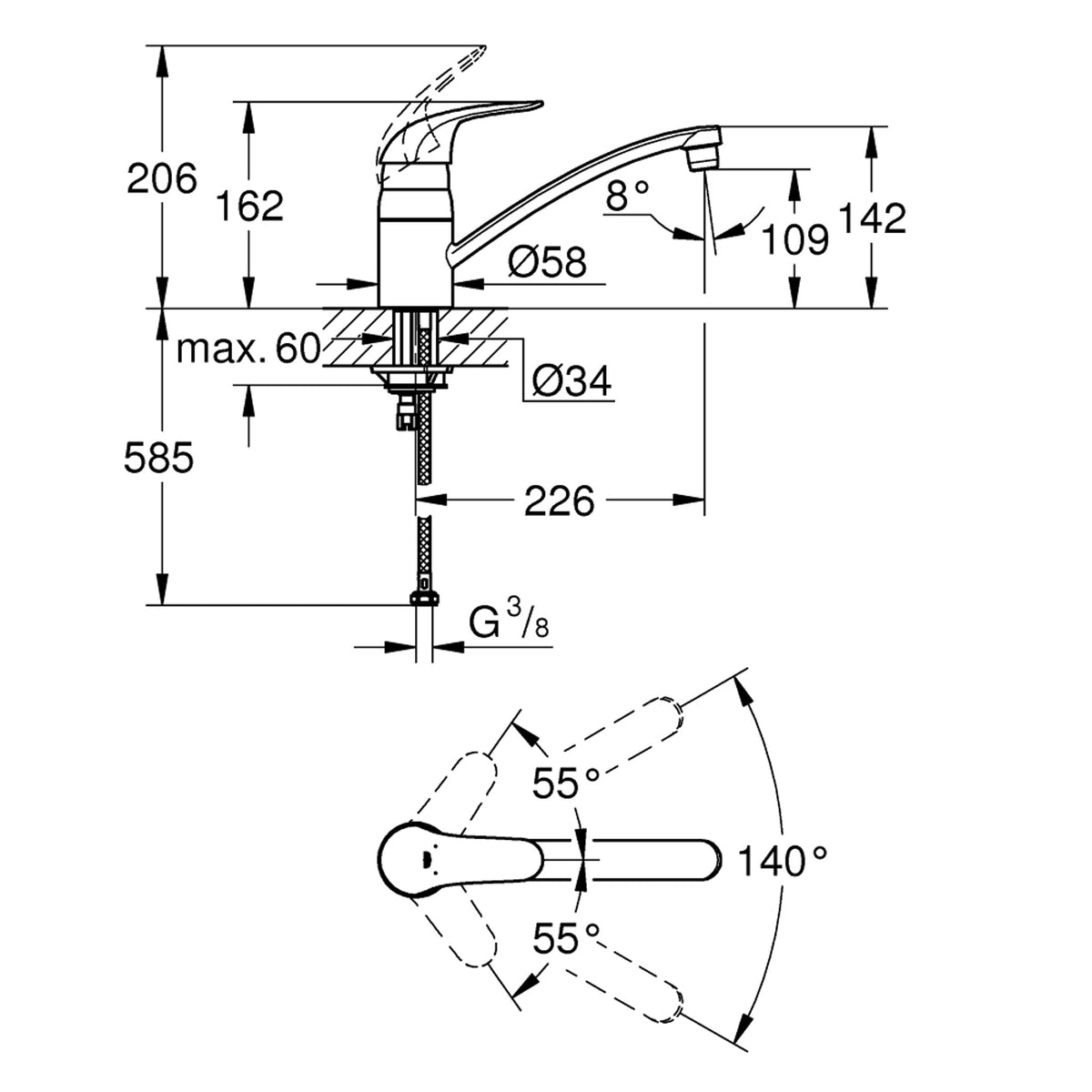 Grohe Euroeco Döner Borulu Eviye Bataryası - Teknik Çizim