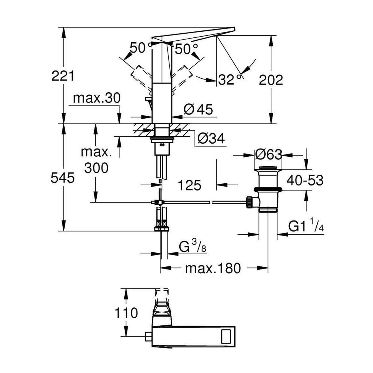 Grohe Allure Brilliant Private Collection L-Boy Sifon Kumandalı Yüksek Lavabo Bataryası, Paslanmaz Çelik - Teknik Çizim