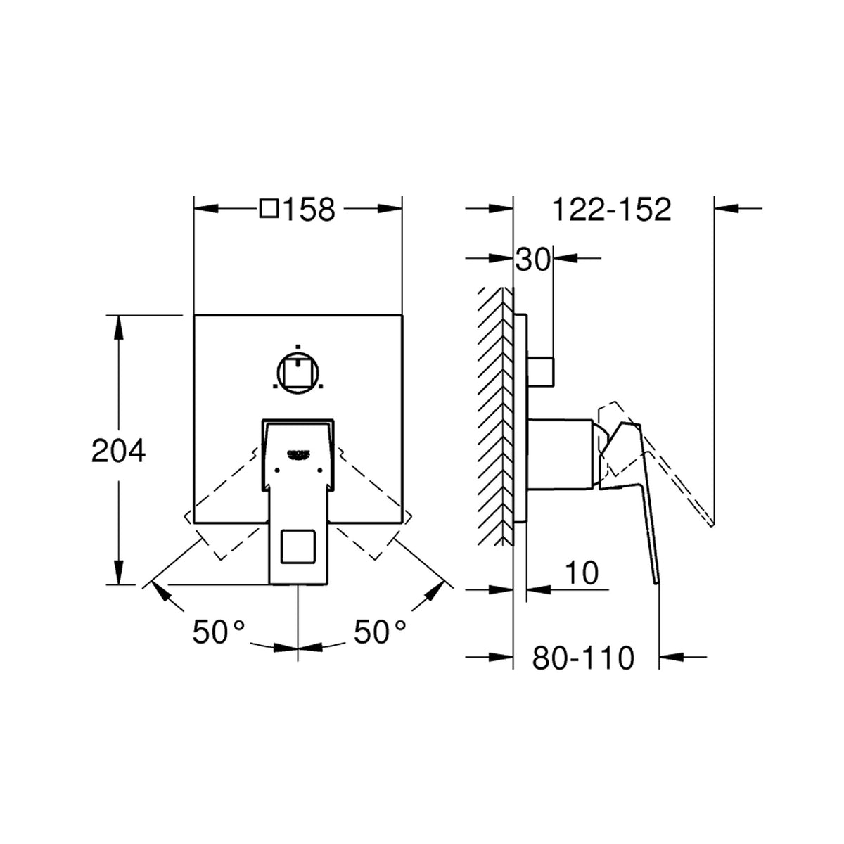 Grohe Eurocube Ankastre Banyo Bataryası (3 Yollu, Sıva Üstü Grubu), Fırçalı Sert Grafit - Teknik Çizim