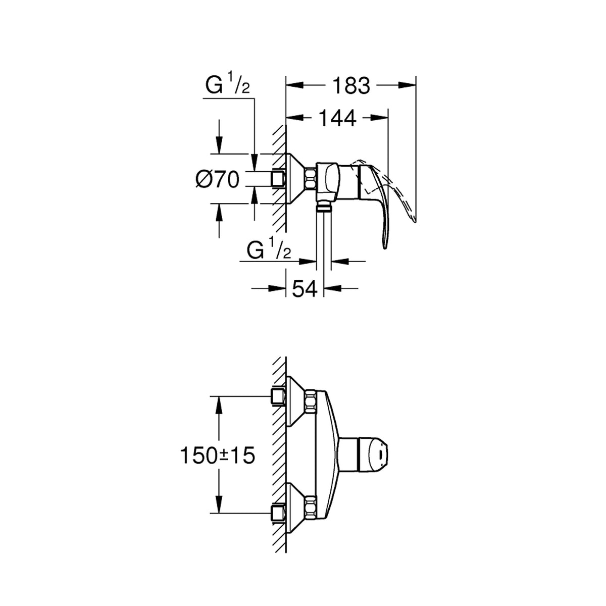 Grohe Eurosmart Duş Bataryası - Teknik Çizim
