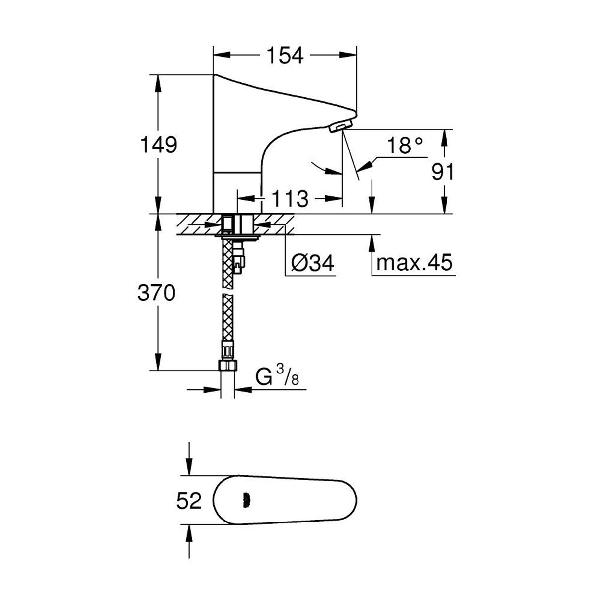 Grohe Europlus E Fotoselli Lavabo Bataryası, Tek Su Girişli - Teknik Çizim