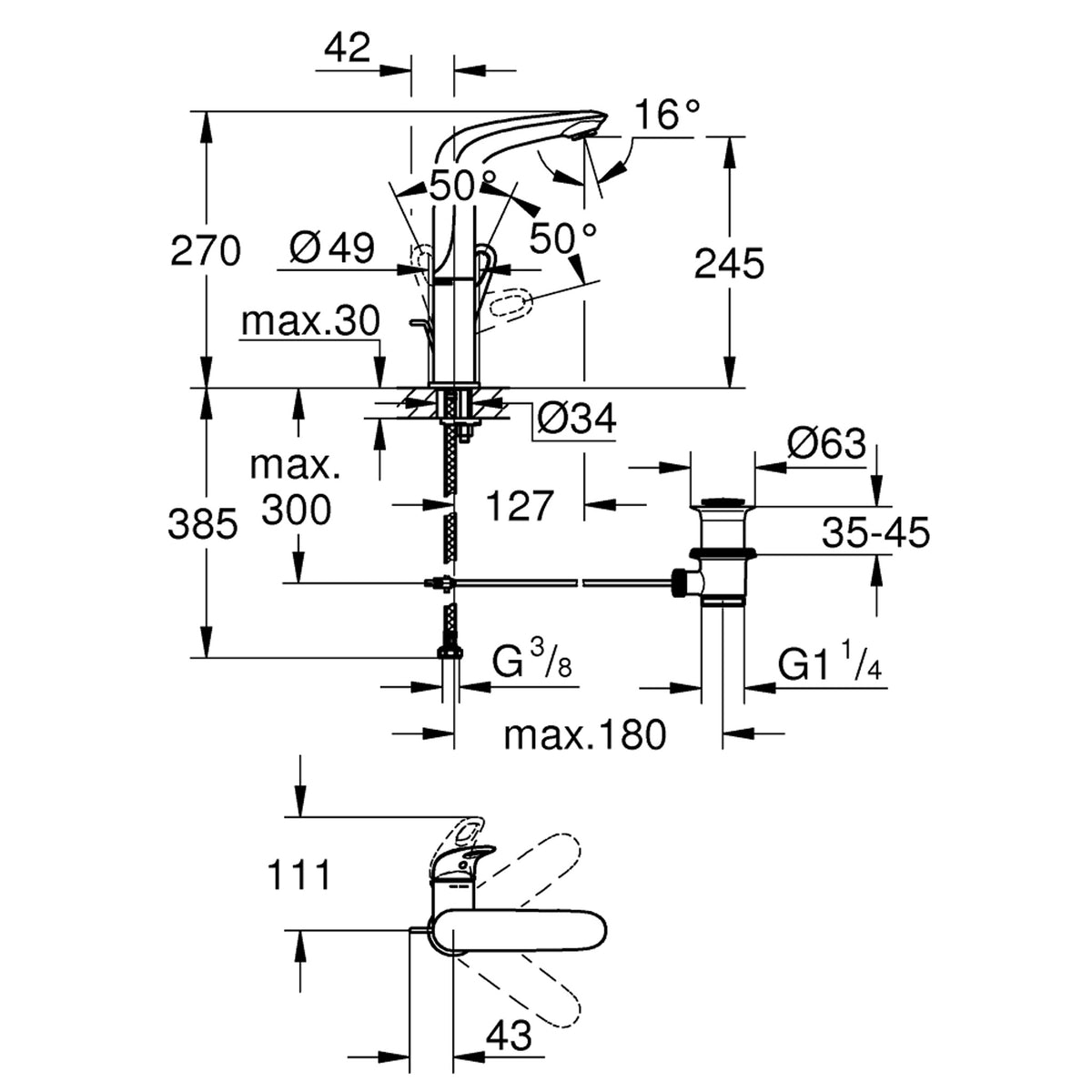 Grohe Eurostyle Yüksek Lavabo Bataryası, Sifon Kumandalı - Teknik Çizim